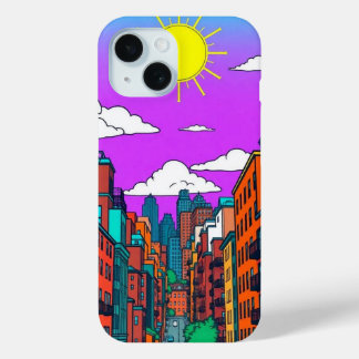 Coque Pour iPhone 15 Paysage Urbain de Coucher de Soleil Vibrant Pop Ar