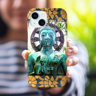 Coque Pour iPhone 15 Peace Turquoise Bouddha Photo Gold Mosaic Bordure