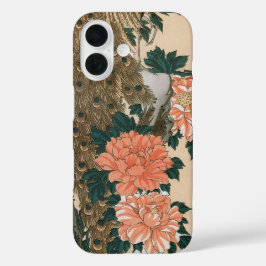 Coques iPhone 16 Peacock and Peonies de Hiroshige, Art japonais