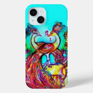 Coque Pour iPhone 15 PEACOCKS EN AMOUR Bleu Rouge Turquoise Turquoise