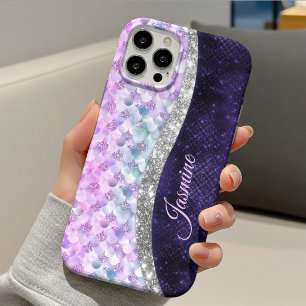 Coque Pour iPhone 14 Peau de sirène violet argent faux strass monogramm