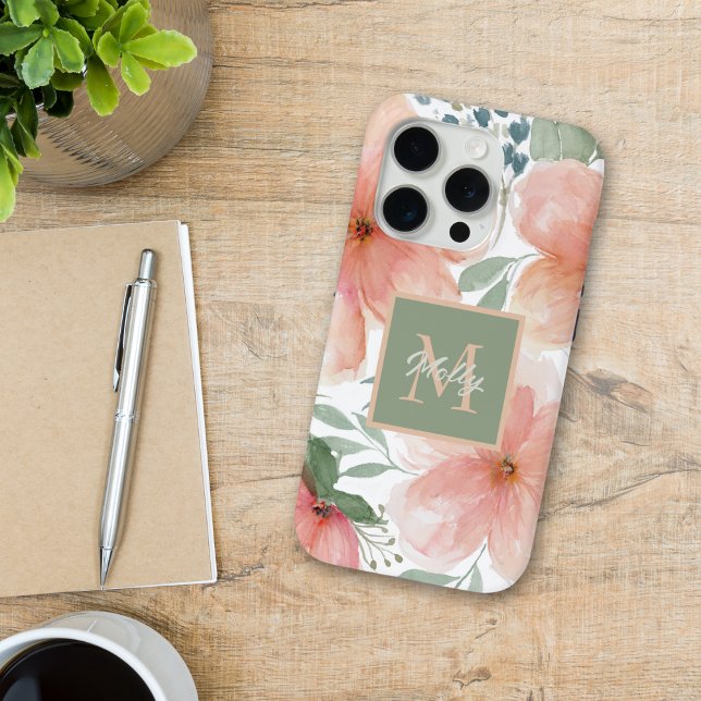 Coques Case-Mate iPhone Pêche et aquarelle verte Florale avec Monogramme (Créateur téléchargé)