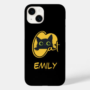 Coque Pour iPhone 14 Peeking Chat noir : Big Green Eyes Feline Design