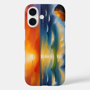 Coques iPhone 16 Peinture à l'huile de couché de soleil orange sur 