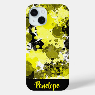 Coque Pour iPhone 15 Peinture Abstraite jaune et noire avec nom