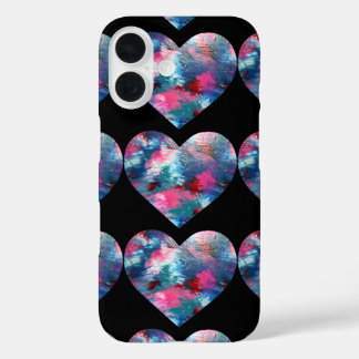 Coques iPhone 16 Peinture cardiaque multicolore sur bois