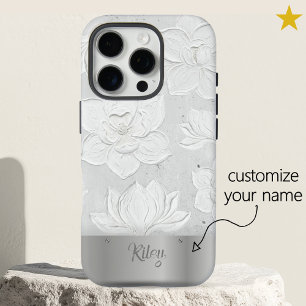 Coques iPhone 16 Pro Peinture de Magnolia Blanc Métal Argent Nom Person