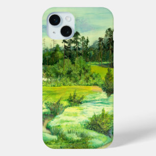 Coque iPhone 15 Mini peinture de vallée verte Aquarelle