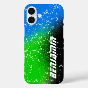 Coques iPhone 16 Plus Peinture Spray noir vert et bleu Nom Coque-Mate iP