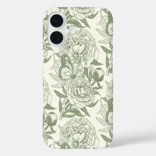 Coques iPhone 16 Peoné et papillons bloc impression, sauge vert et