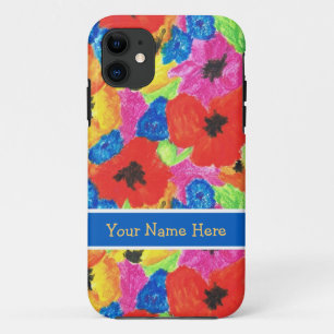 Coque iPhone 11 Pépites rouges et fleurs bleues