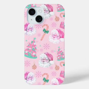 Coque Pour iPhone 15 Père Noël de Noël rose et arbre à motifs sans cout