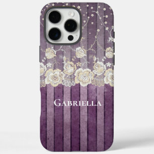 Coques iPhone 16 Pro Max Perles de rayures violettes dentelle ivoire