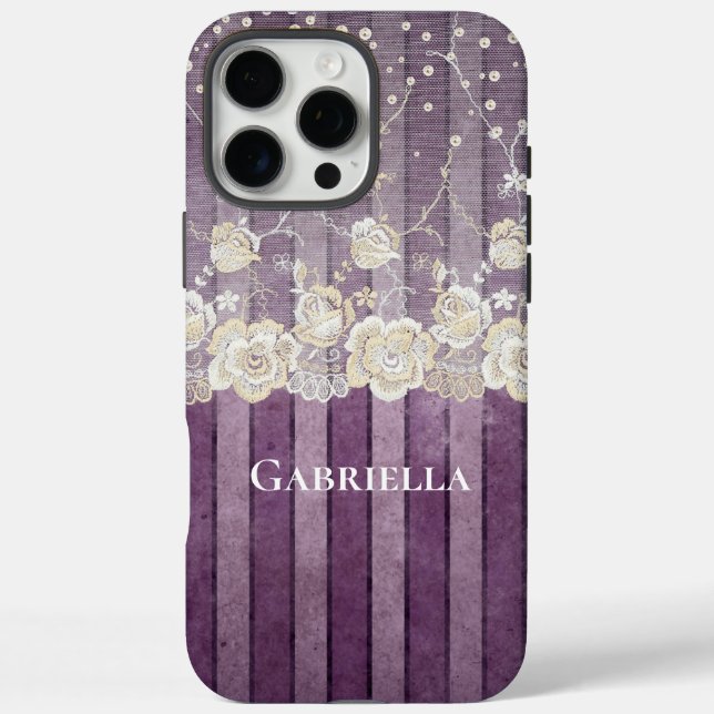 Coques Case-Mate iPhone Perles de rayures violettes dentelle ivoire (Verso)