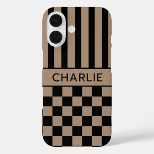 Coques iPhone 16 Personnalisé à rayures à carreaux noir et marron