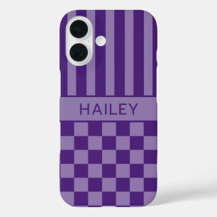 Coques iPhone 16 Personnalisé à rayures à carreaux violets