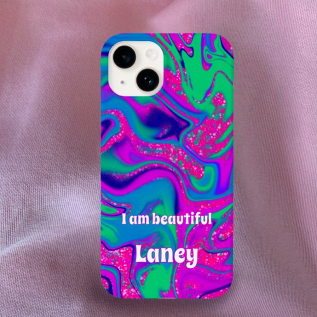 Coques Case-Mate iPhone Personnalisé Cool personnalisé Super rose  Wavy Tu (Custom name inspirational quote groovy pink blue vibrant swirl phone case. Cool unique girly glitter)