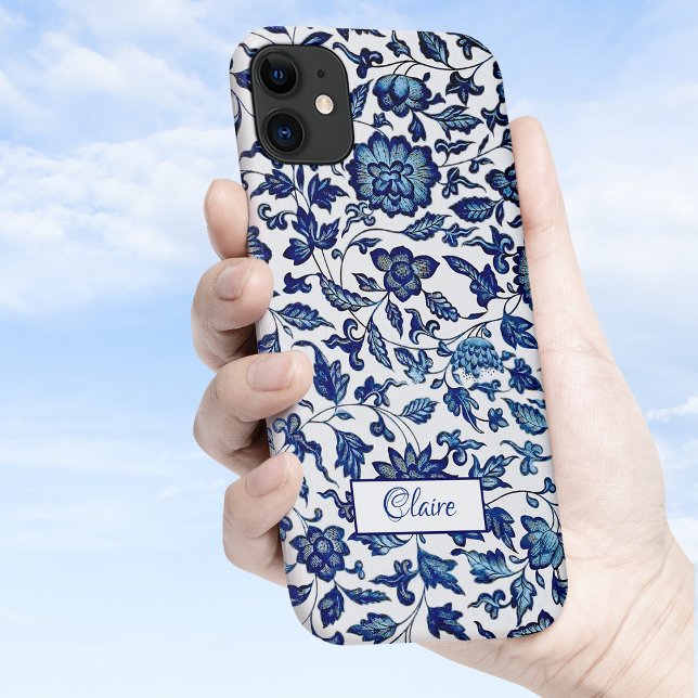 Coques Case-Mate iPhone Personnalisé Exotic Chic Bleu & Blanc Floral (Créateur téléchargé)