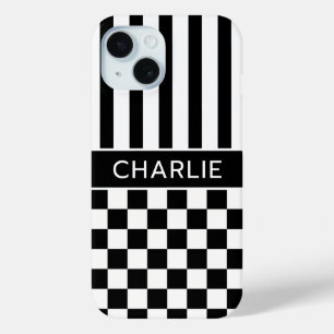 Coque Pour iPhone 15 Personnalisé rayé à carreaux noir et blanc