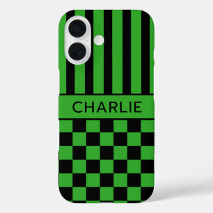 Coques iPhone 16 Personnalisé rayé à carreaux noir et vert