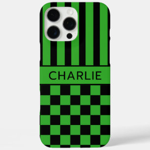 Coques iPhone 16 Pro Max Personnalisé rayé à carreaux noir et vert