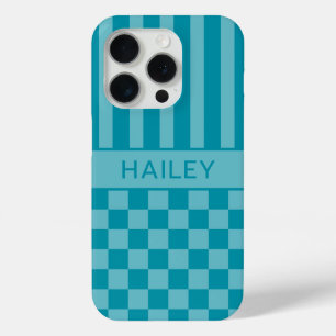Coque iPhone 15 Pro Personnalisé rayé à carreaux sarcelle