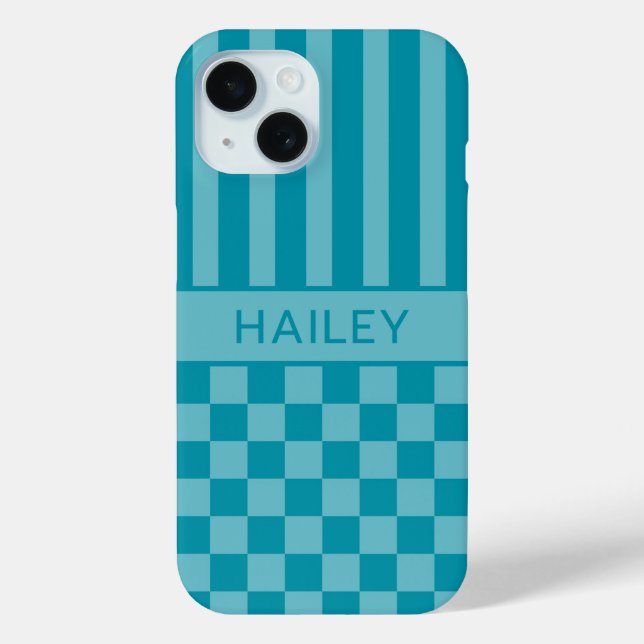 Coques Case-Mate iPhone Personnalisé rayé à carreaux sarcelle (Verso)