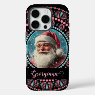 Coques iPhone 16 Pro Personnalisé Retro Père Noël Pinkmas Floral Mandal