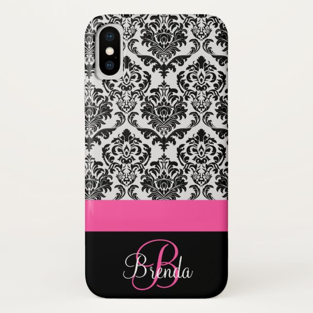 Coques Case-Mate iPhone Personnaliser Hot Pink Black Damask Patch (Dos)