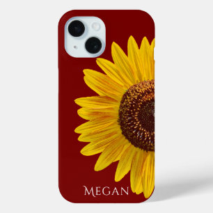 Coque Pour iPhone 15 Personnaliser Nom Marron Rouge Jaune Tournesol 
