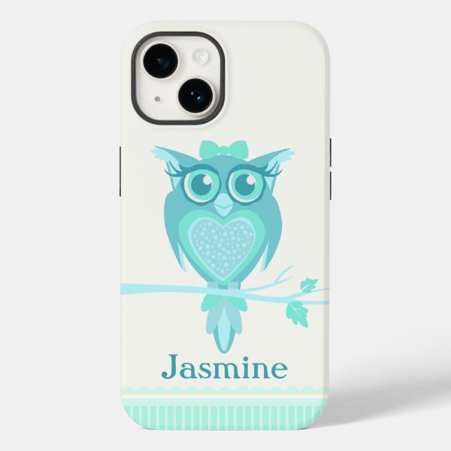 Coques Case-Mate iPhone Petites filles hibou vert menthe aqua (Verso)