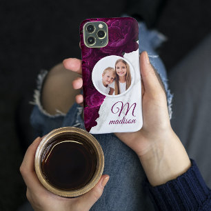 Coque Pour iPhone 14 Plus Photo de monogramme Fleur moderne Marbre Nom perso