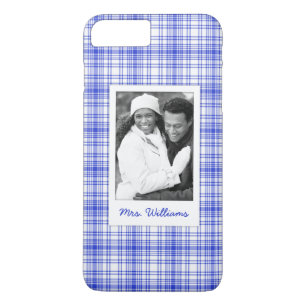 Coque iPhone 8 Plus/7 Plus Photo faite sur commande et plaid blanc bleu nommé