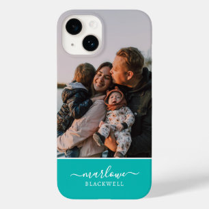 Coque Pour iPhone 14 Photo personnalisée Blue Green Calligraphie Nom