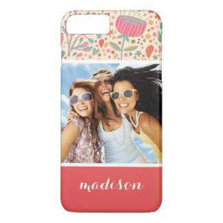 Coque iPhone 7 Plus Photo personnalisée et nom Modèle floral clair