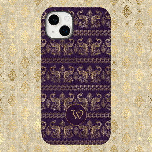 Coque Pour iPhone 14 Plus Pics Vintages d'or d'aubergine foncée avec Monogra