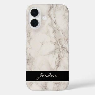 Coques iPhone 16 Pierre de marbre poli blanc ivoire portant le nom
