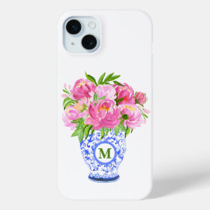 Coque iPhone 15 Mini Pies roses Chinoiserie Vase Green Monogramme