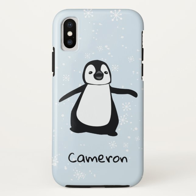 Coques Case-Mate iPhone Pingouin mignon Nom Bleu Blanc Neige hiver (Dos)