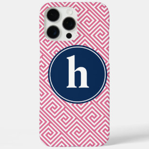 Coques iPhone 16 Pro Max Pink and Navy Blue Greek Key Pattern Monogram