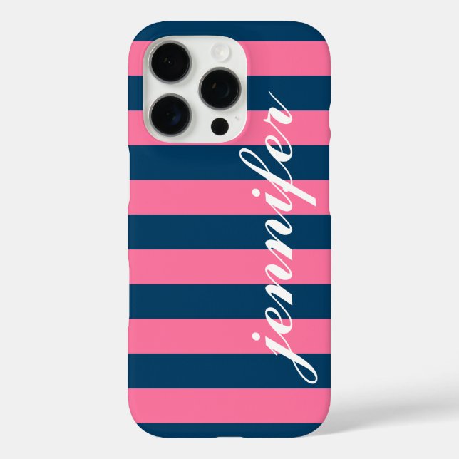 Coques Case-Mate iPhone Pink and Navy Stripes Custom Script Monogramme Nom (Verso)