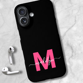 Coques iPhone 16 Pink Black Elegant Nom de script Monogramme