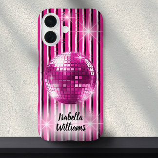 Coques iPhone 16 Pink Black White Stripe Disco Ball Nom de l'étince