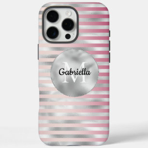 Coques iPhone 16 Pro Max Pink Blush Silver Stripes Monogramme