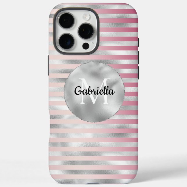 Coques Case-Mate iPhone Pink Blush Silver Stripes Monogramme (Verso)