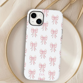Coque Pour iPhone 14 Plus Pink Bow Preppy Coquette Motif Monogramme Initiale