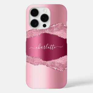 Coques iPhone 16 Pro Pink burgundy agate marbre nom script