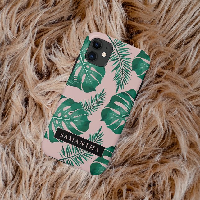 Coques Case-Mate iPhone Pink & Green Palm Feuille Motif & nom (Créateur téléchargé)