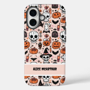 Coques iPhone 16 Pink Halloween Tricoter ou traiter Nom personnalis
