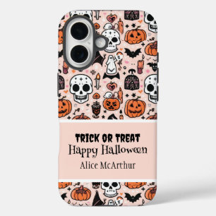 Coques iPhone 16 Pink Halloween Tricoter ou traiter Nom personnalis